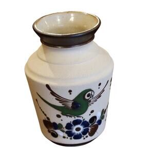 Vintage Tonala Folk Art Sandstone Mexican Pottery Vase Bird With Flowers Signed